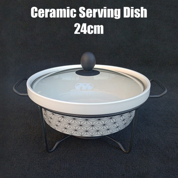 Ceramic Serving Pot with Glass Lid and Steel Stand and Candle | 24cm | Serving pot